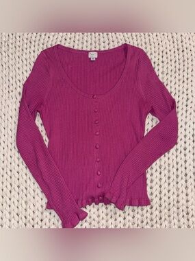 a new day Magenta Ribbed Button-Front Long Sleeve Top